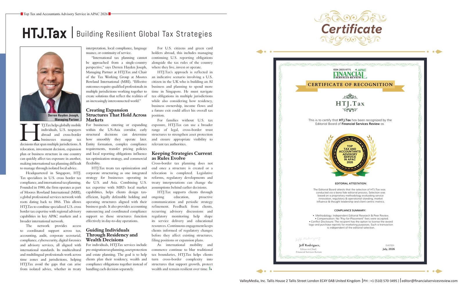 The Financial Services Review 2026 feature on HTJ.tax