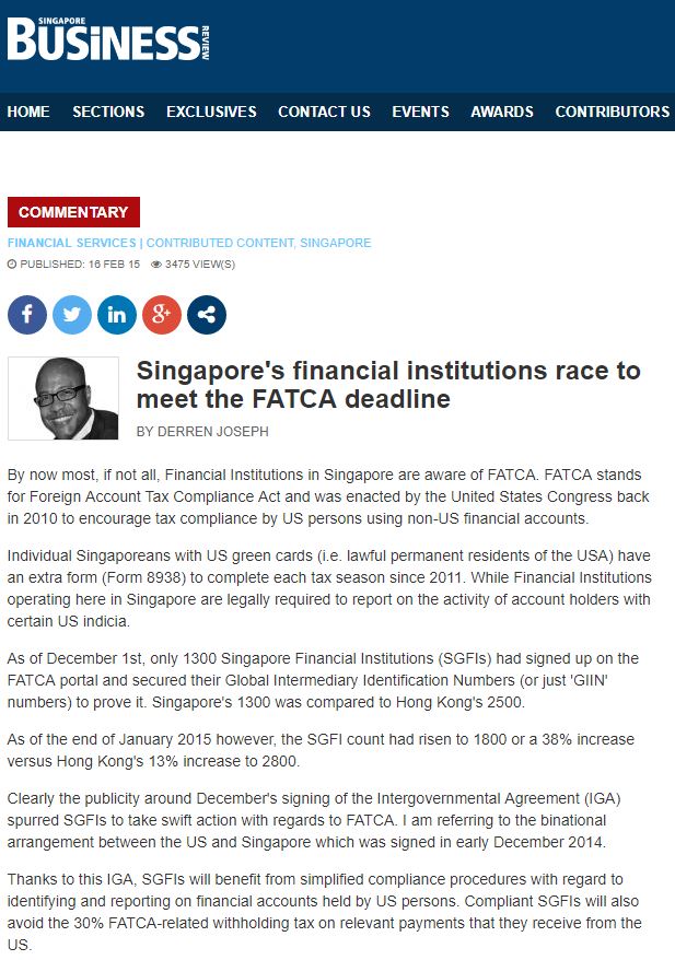 Singapore’s financial institutions’ race to meet the FATCA deadline