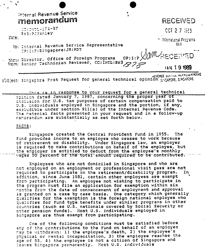 Internal Revenue Service memorandum dated January 19, 1989, regarding Singapore Post Request.