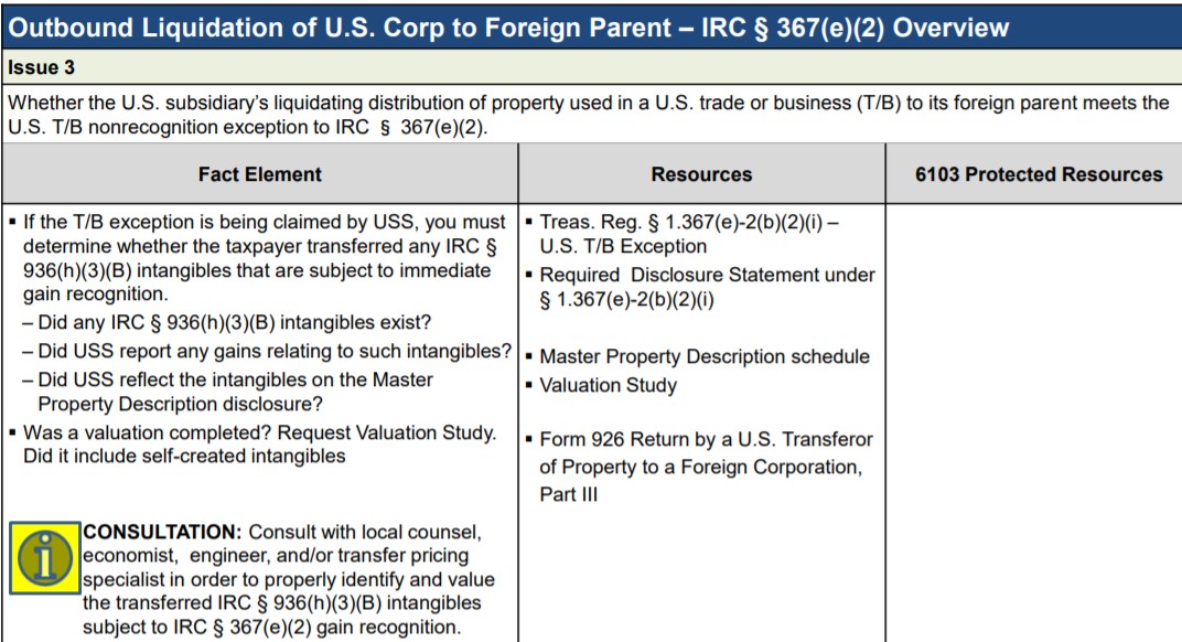 Screenshot of a table detailing outbound liquidation of U.S. Corp to foreign parent, IRC section 367(e)(2) overview.