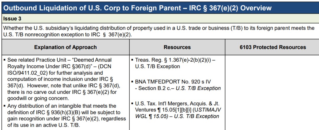 Screenshot of a tax document detailing outbound liquidation of U.S. Corp to foreign parent.