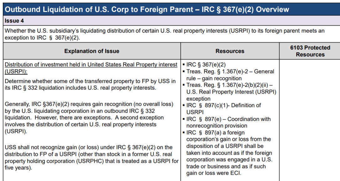 Screenshot of a tax document titled Outbound Liquidation of U.S. Corp to Foreign Parent – IRC § 367(e)(2) Overview.
