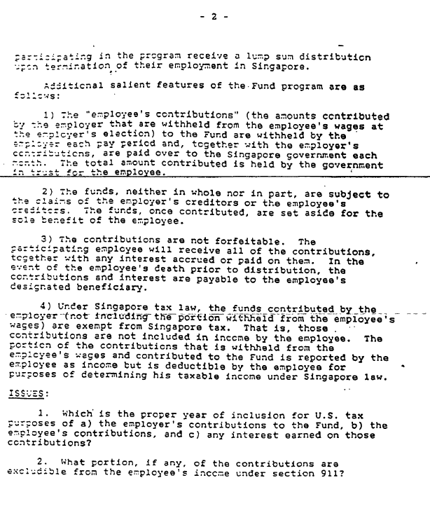 Page 2 of a document discussing Singapore's Fund program features and US tax issues.
