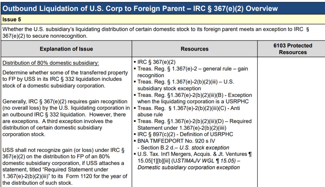 Screenshot of a tax document titled "Outbound Liquidation of U.S. Corp to Foreign Parent - IRC § 367(e)(2) Overview".