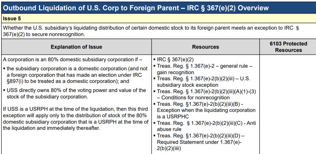 Screenshot of a tax document detailing outbound liquidation of U.S. Corp to foreign parent.