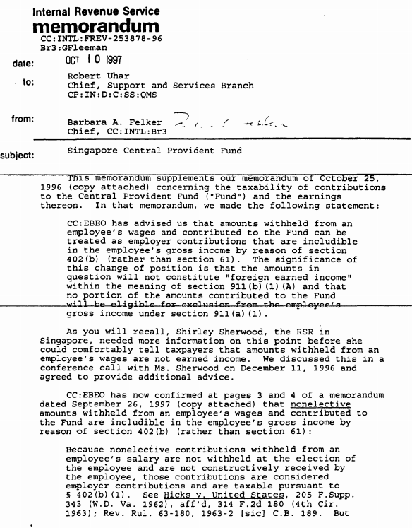 Internal Revenue Service memorandum dated October 10, 1997, regarding Singapore Central Provident Fund taxability.