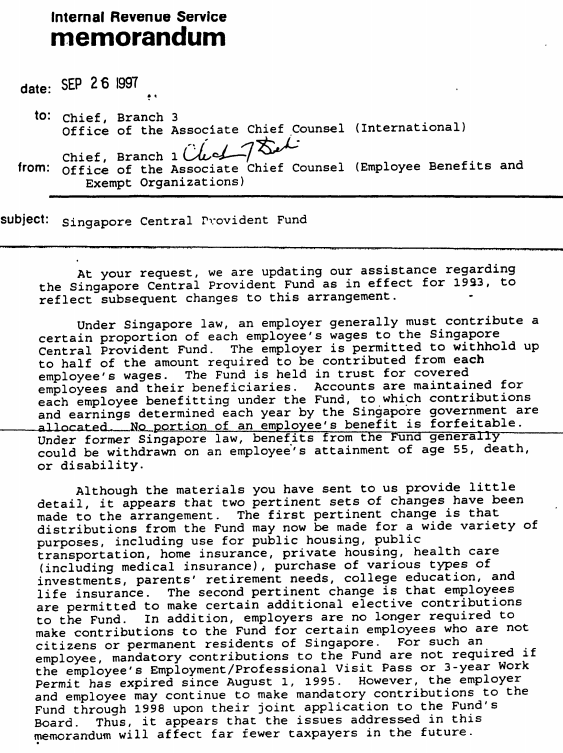 Internal Revenue Service memorandum dated September 26, 1997, regarding Singapore Central Provident Fund.