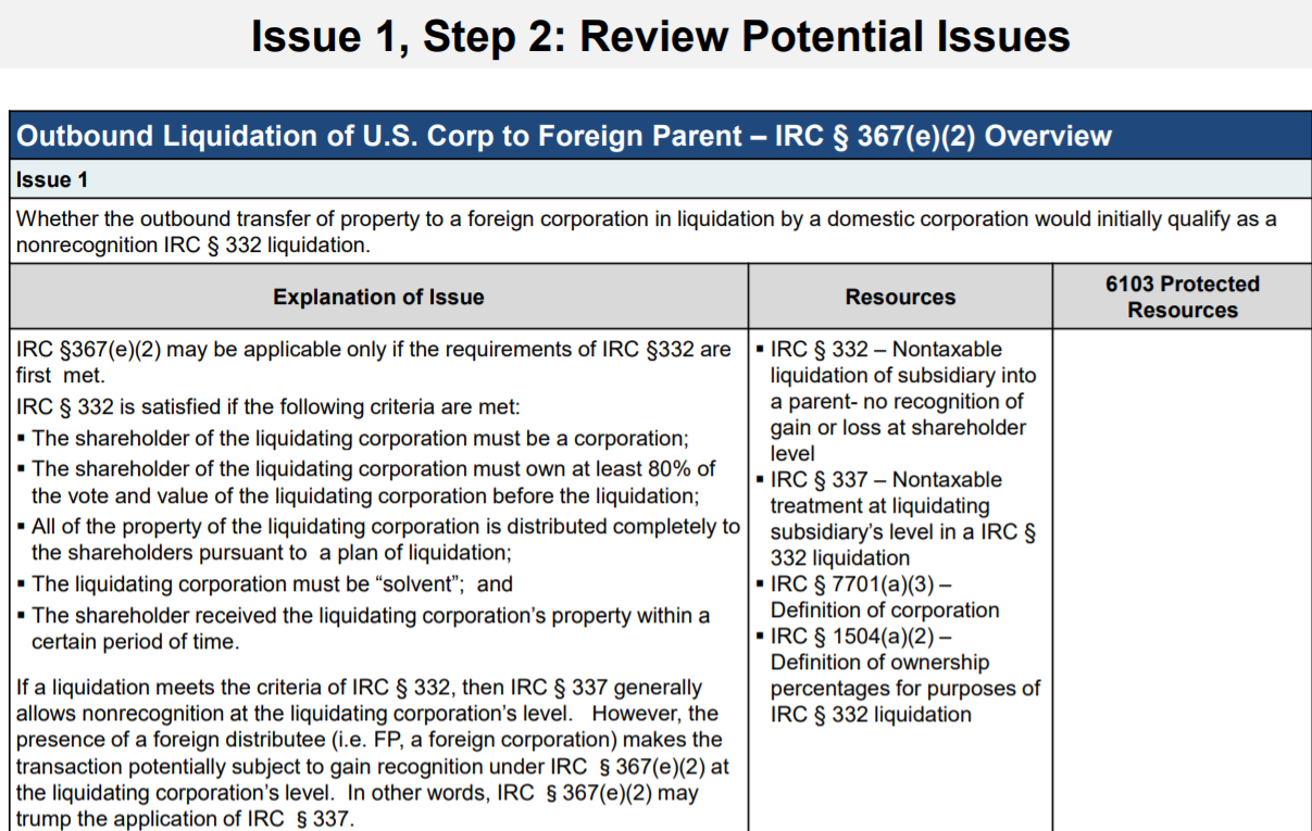 Table outlining outbound liquidation of U.S. Corp to foreign parent, IRC § 367(e)(2) overview.