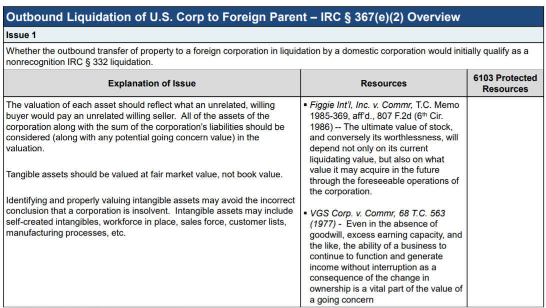 Table detailing outbound liquidation of U.S. Corp to foreign parent, IRC § 367(e)(2) overview.