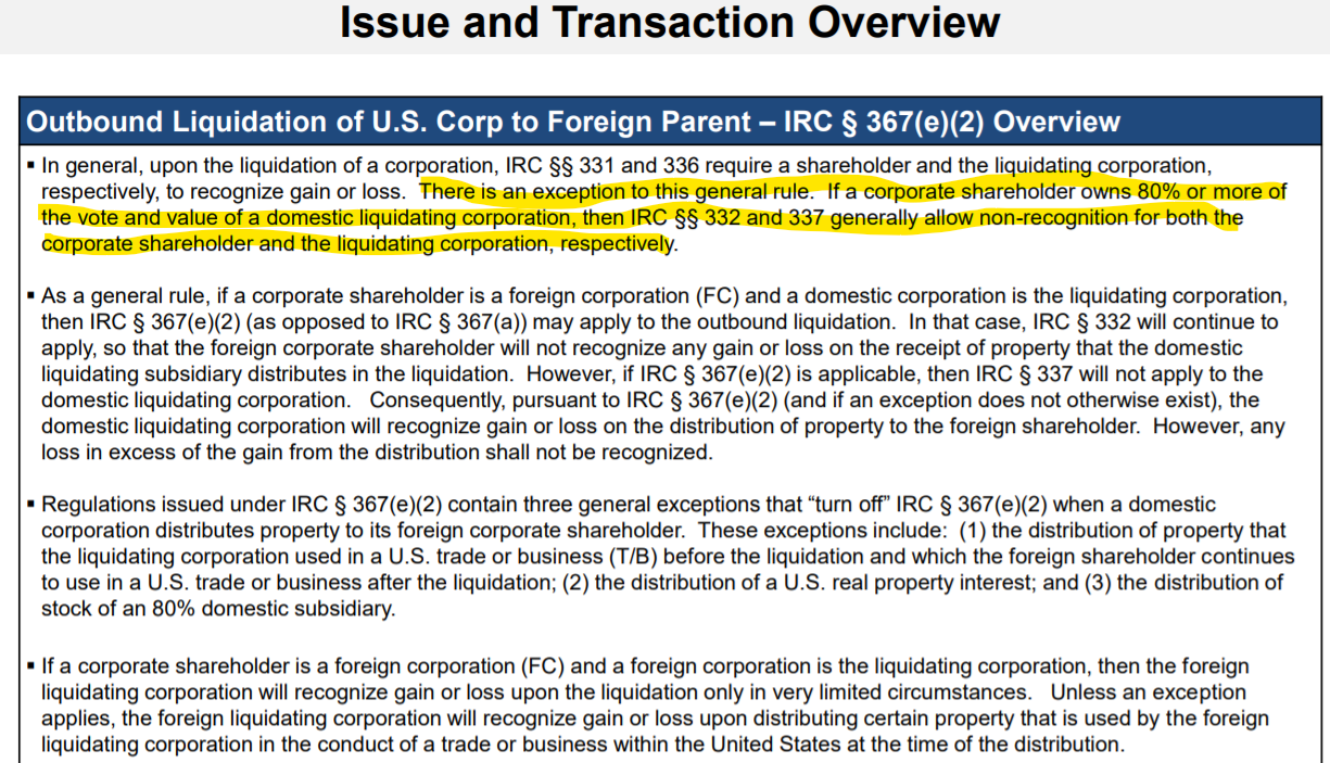 Text detailing outbound liquidation of a U.S. corporation to a foreign parent, including IRC § 367(e)(2) overview.