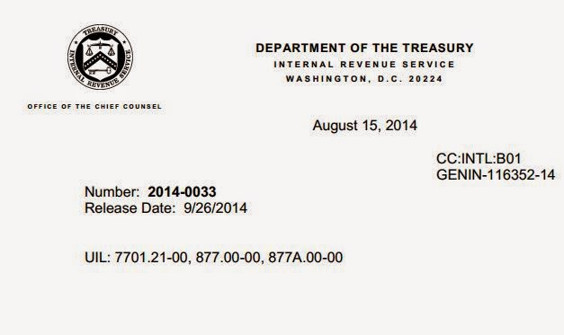 IRS Information Letter on Treatment of Green Card Holders (Noncitizen Lawful Residents) – Release Date: 9/26/2014